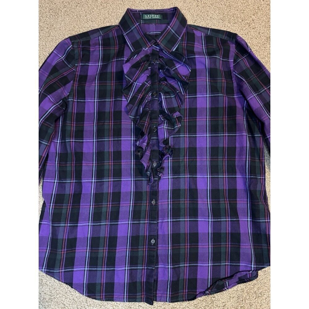 RALPH LAUREN Button Shirt LARGE Purple Plaid Ruffle Front Academia Victorian - Picture 5 of 10